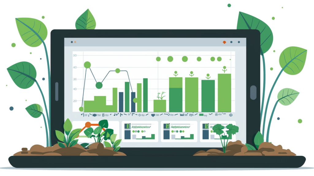 Ein Laptop im Flat Design der teilweise mit Erde und grünen Planzen bedeckt ist. Der Bildschirm zeigt ein grünes Dashboard. Das Bild stellt Analytik in der Landwirtschaft dar.