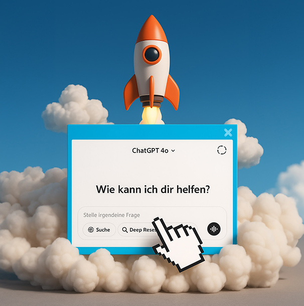 Eine Rakete die gerade startet. Vor dem Rauch befindet sich ein schwebendes ChatGPT Fenster in dem steht "Wie kann ich dir helfen?"