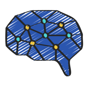 Das KI-Schulungen Icon zeigt ein blaufarbiges Gehirn in dem sich ein neuronales Netz mit gelben und grünen Knotenpunkten befindet.