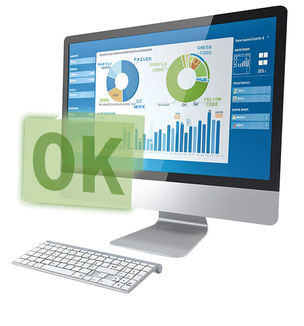 Ein Computerbildschirm der ein Dashboard enthält und dabei groß das Wort "OK" in grüner Schrift anzeigt.