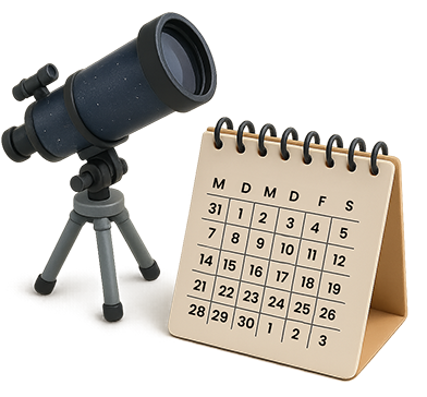 Ein Teleskop und ein Kalender im 3d Render Spielzeug Design.