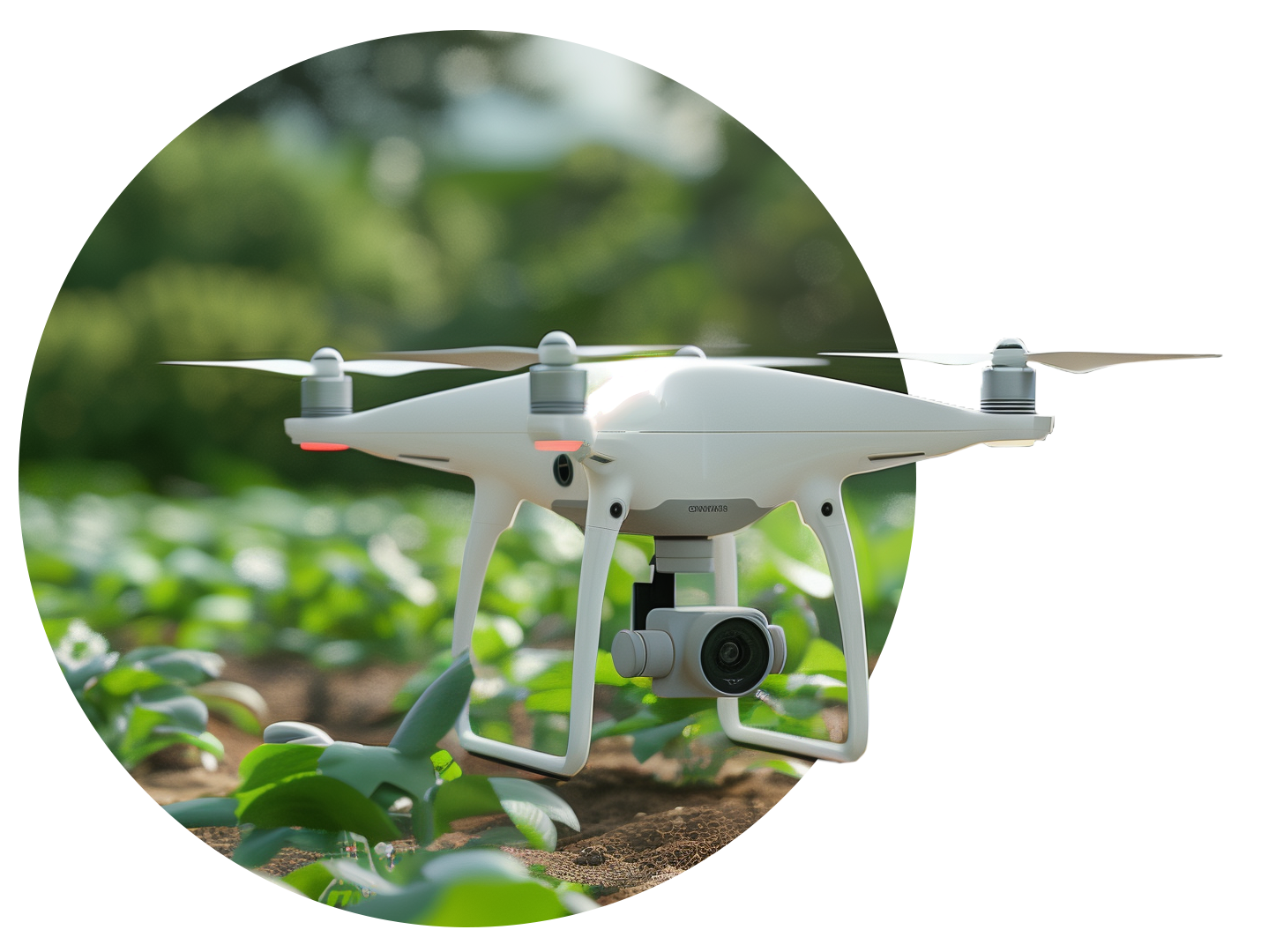 Eine Drone mit einer Kamera, die niedrig über einem Feld schwebt.