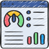 Symbolzeichnung eines Dashboards im Iconformat. Man sieht einen Tacho, Stichpunkte und ein Balkendiagramm.