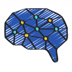 Das KI-Schulungen Icon zeigt ein blaufarbiges Gehirn in dem sich ein neuronales Netz mit gelben und grünen Knotenpunkten befindet.