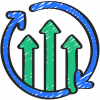Zeichnung von drei grünen, senkrechten Pfeilen, die von zwei blauen Pfeilen umkreist werden, welche einen perfekten Kreis darstellen. Das Bild symbolisiert Prozessverbesserung.