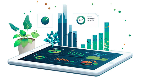 Ein Tablet, das flach auf dem Untergrund liegt. Darüber befinden sich diverse dashboardartige Elemente, wie Balkendiagrame und Kreisdiagramme. Nebendran steht eine Zimmerpflanze.