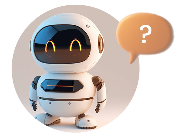Ein kleiner freundlicher Roboter mit einer Sprechblase, die ein Fragezeichen zeigt.