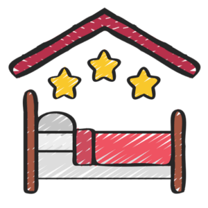Zeichnung eines Hotel Icons, das ein Bett darstellt, welches sich unter einem Dach befindet. Über dem Bett schweben drei gelbe Sterne.