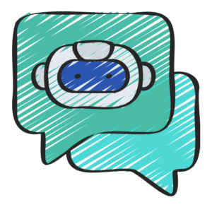 Ein Zeichnung von zwei grünen Sprechblasen, wovon sich in einer das Icon eines grauen Roboterkopfes mit blauem Gesicht befindet.