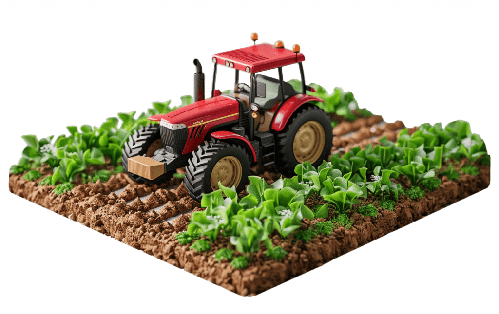 Eine isometrische Miniatur eines roten Traktors, der auf einem Feldabschnitt fährt.