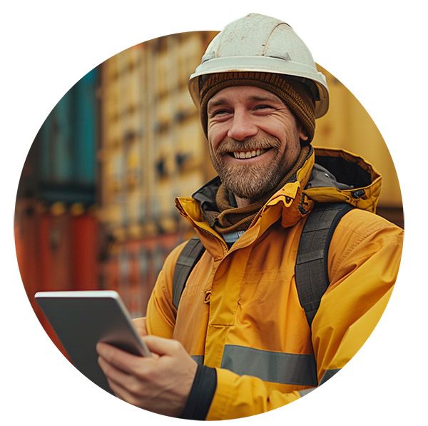 Ein glücklicher Hafenarbeiter, der ein Tablet hält und eine gelbe Jacke und einen weißen Helm trägt. Er lächelt in die Kamera, während er sich zwischen Containern befindet.