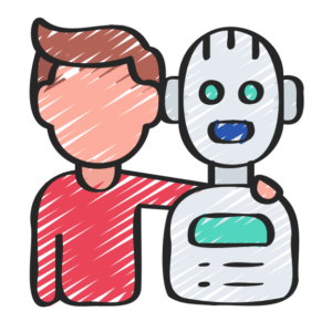 Ein Zeichnung eines Mannes mit einem roten Pullover, der seinen Arm um einen lächelnden Roboters legt, welcher neben ihm steht.