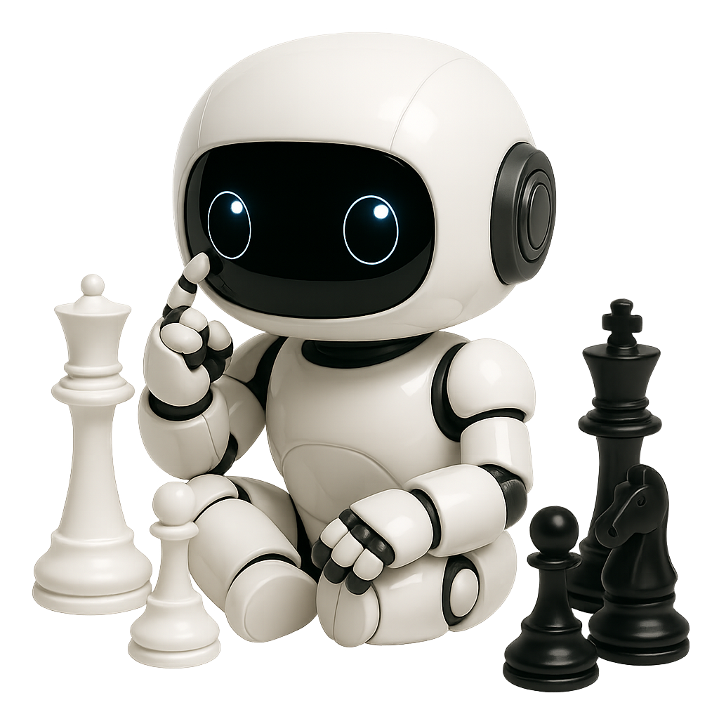 Kleiner moderner Roboter der neben Schachfiguren sitzt.