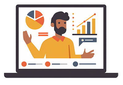 Abbildung eines Laptops im flat Design, auf dessen Bildschirm ein Dashboard und eine Person abgebildet sind.