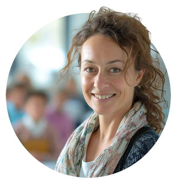 Eine freundliche Klassenlehrerin, die in die Kamera lächelt. Im Hintergrund ist sehr unscharf eine Schulklasse zu sehen.