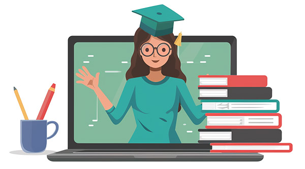Ein Laptop mit Büchern und Stifen daneben. Aus dem Bildschirm ragt eine Dame mit eines Doktorandenhut heraus.